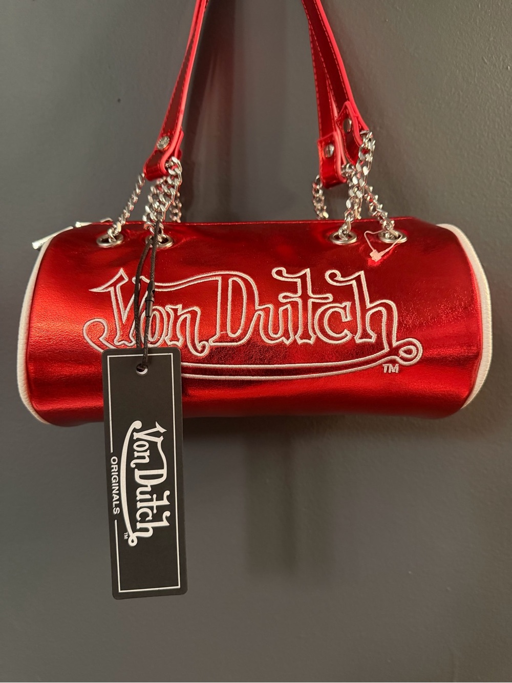 Von Dutch Red Metallic Cylinder Shoulder Bag